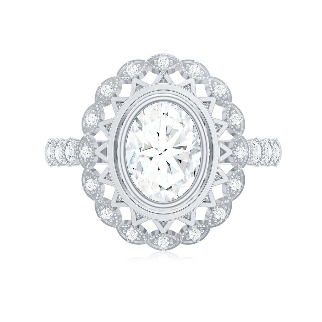Oval Moissanite Retro Engagement Ring in Beaded Bezel Setting
