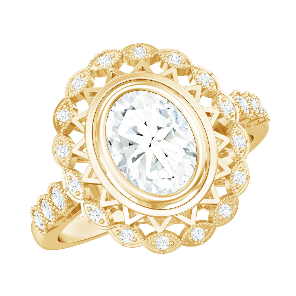 Oval Moissanite Retro Engagement Ring in Beaded Bezel Setting