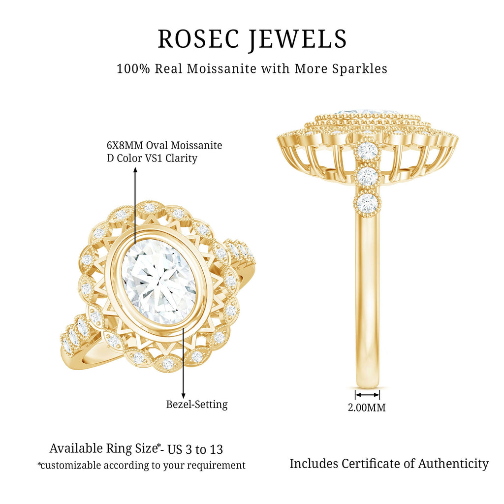 Oval Moissanite Retro Engagement Ring in Beaded Bezel Setting