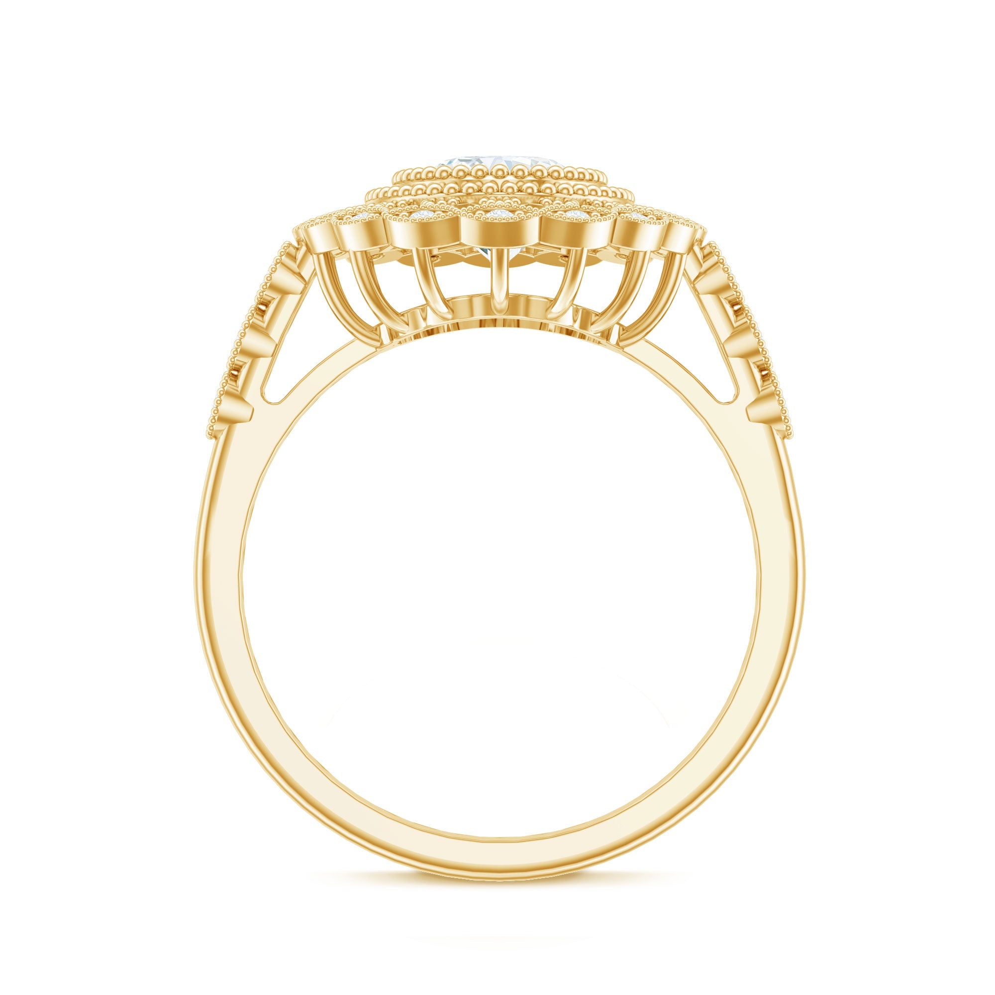 Oval Moissanite Retro Engagement Ring in Beaded Bezel Setting