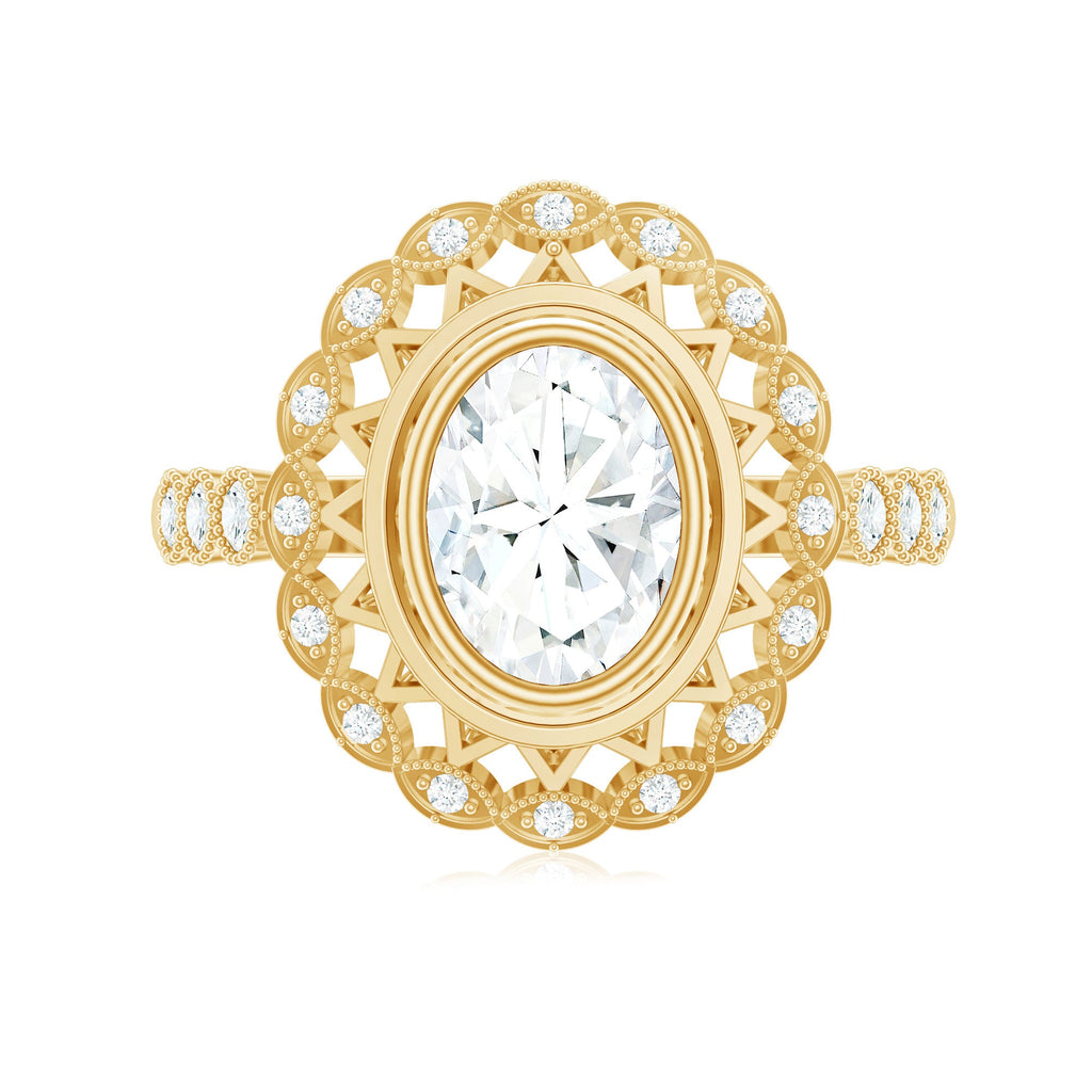 Oval Moissanite Retro Engagement Ring in Beaded Bezel Setting