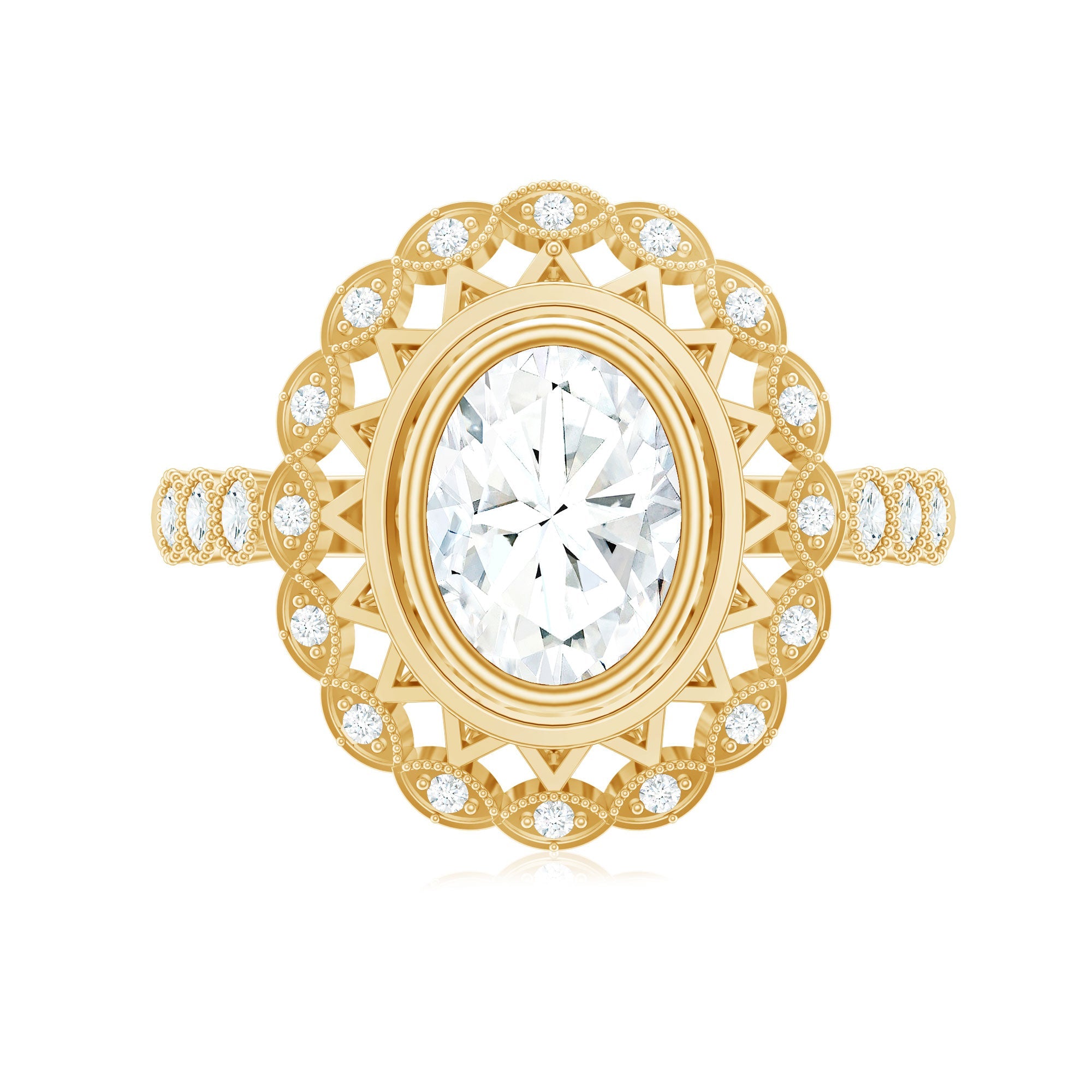 Oval Moissanite Retro Engagement Ring in Beaded Bezel Setting