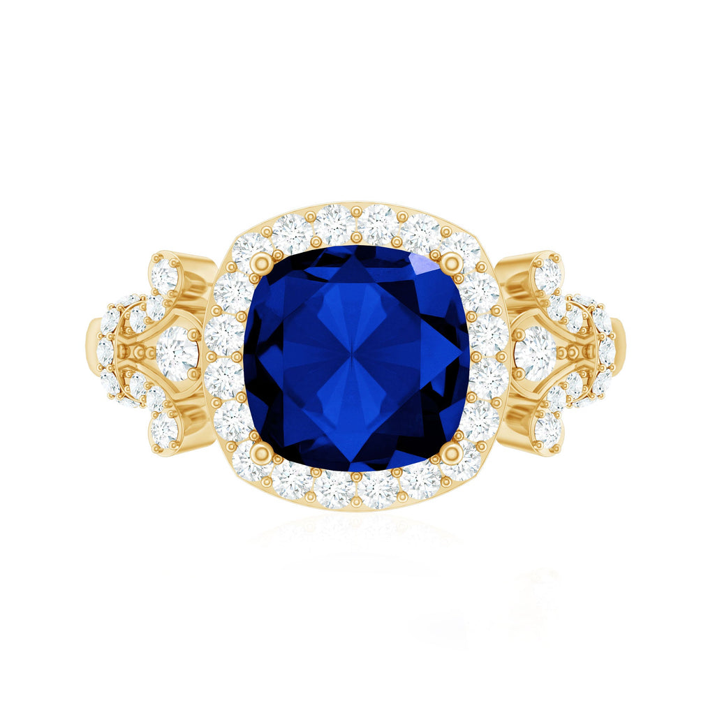 2.7 Carat Cushion Cut Created Blue Sapphire Engagement Ring with Diamond Accent