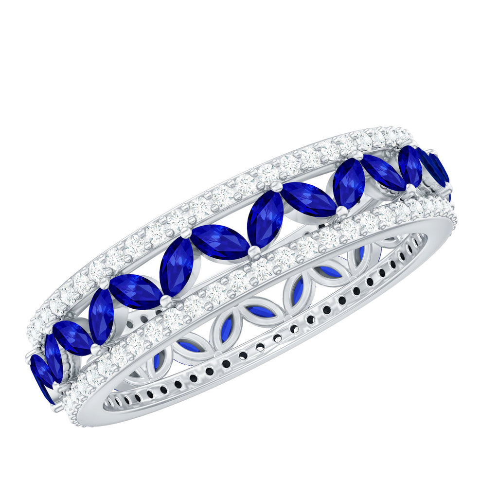 Marquise Lab Created Blue Sapphire and Diamond Wedding Band Ring