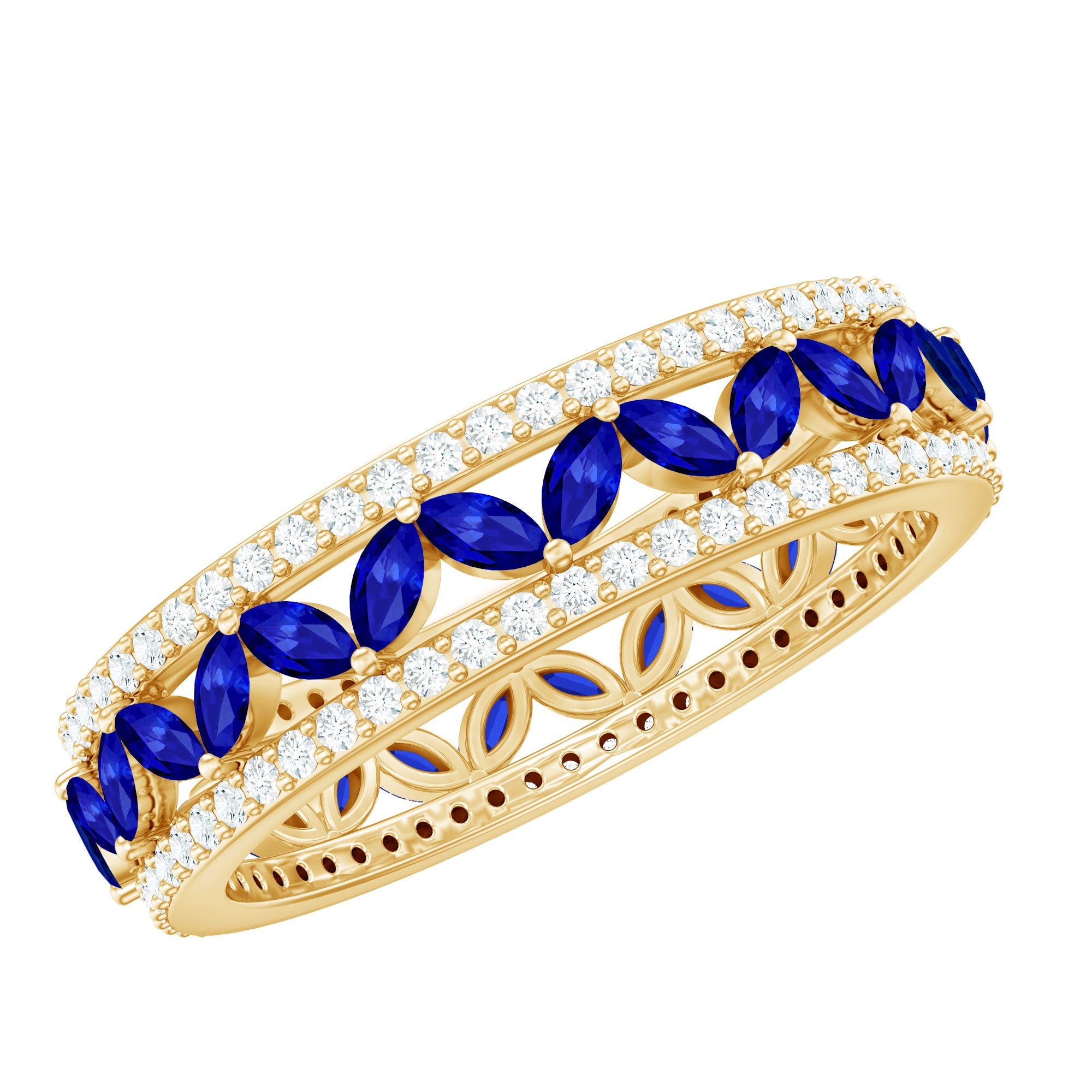 Marquise Lab Created Blue Sapphire and Diamond Wedding Band Ring