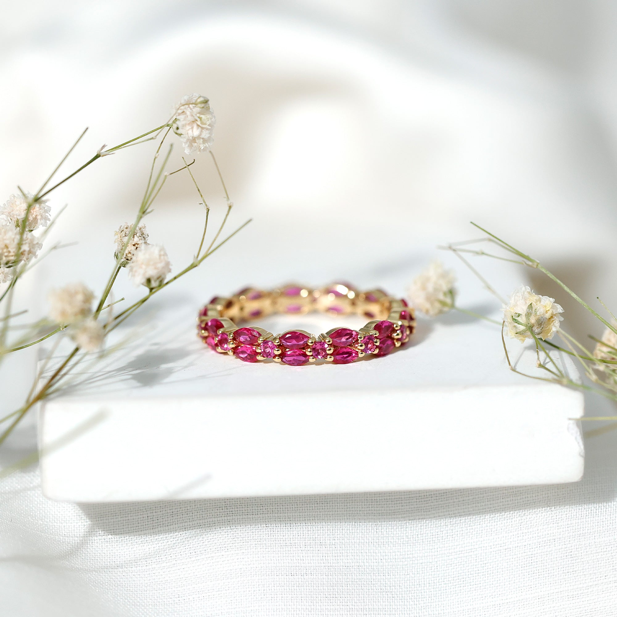Marquise and Round Cut Created Ruby Contemporary Eternity Ring