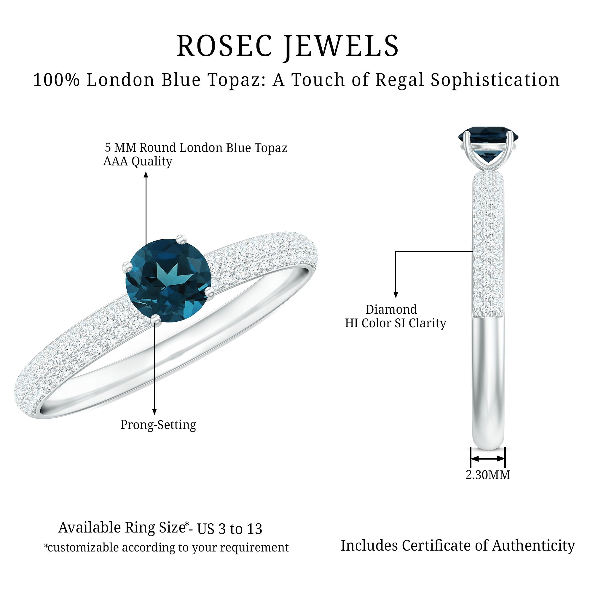 0.6 Carat London Blue Topaz Solitaire Promise Ring with Diamond