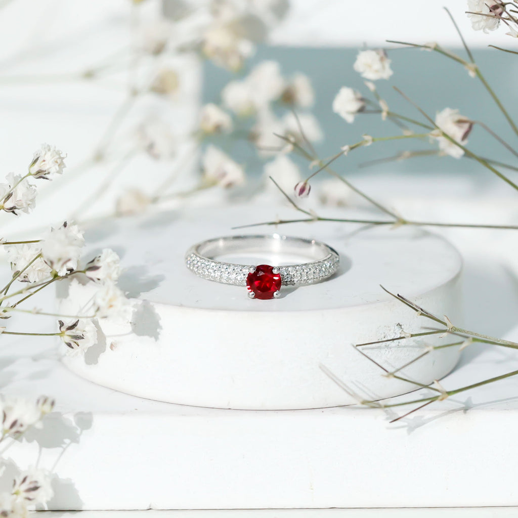 Lab Created Ruby Solitaire Ring with Moissanite Side Stones