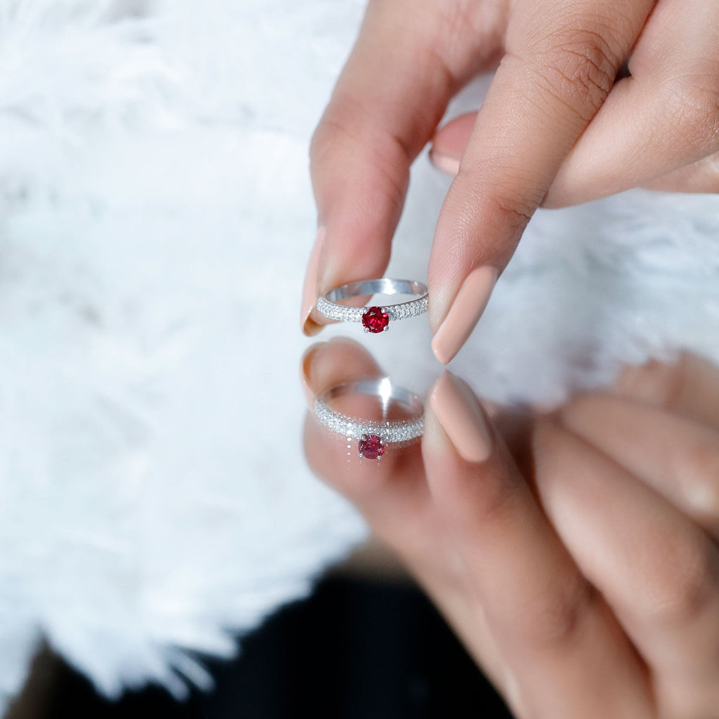Lab Created Ruby Solitaire Ring with Moissanite Side Stones