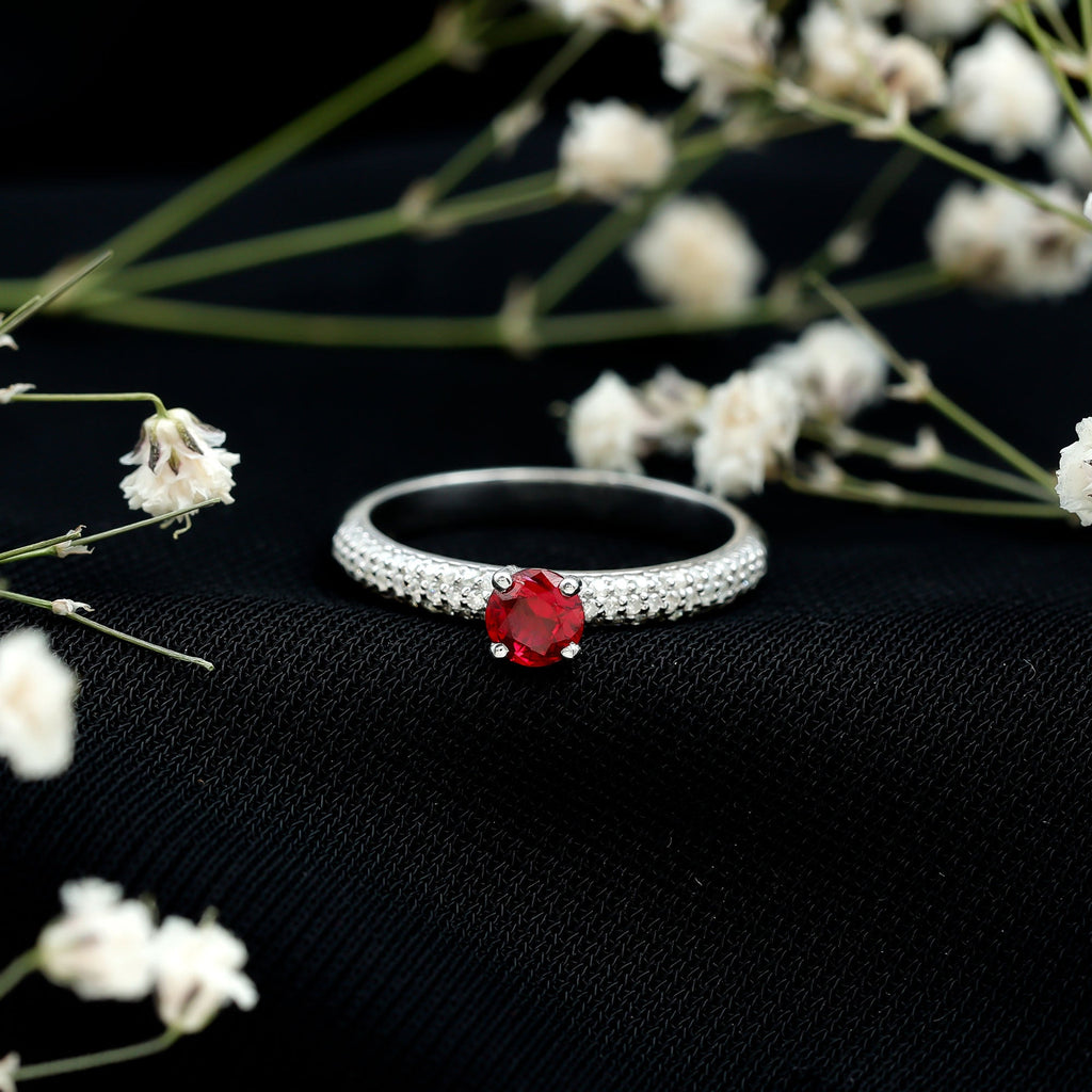 Lab Created Ruby Solitaire Ring with Moissanite Side Stones