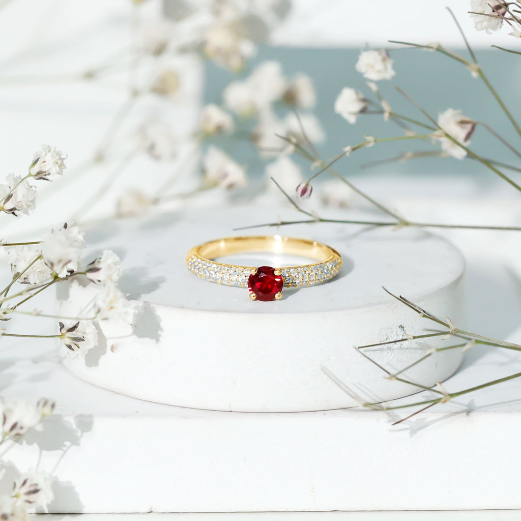 Lab Created Ruby Solitaire Ring with Moissanite Side Stones