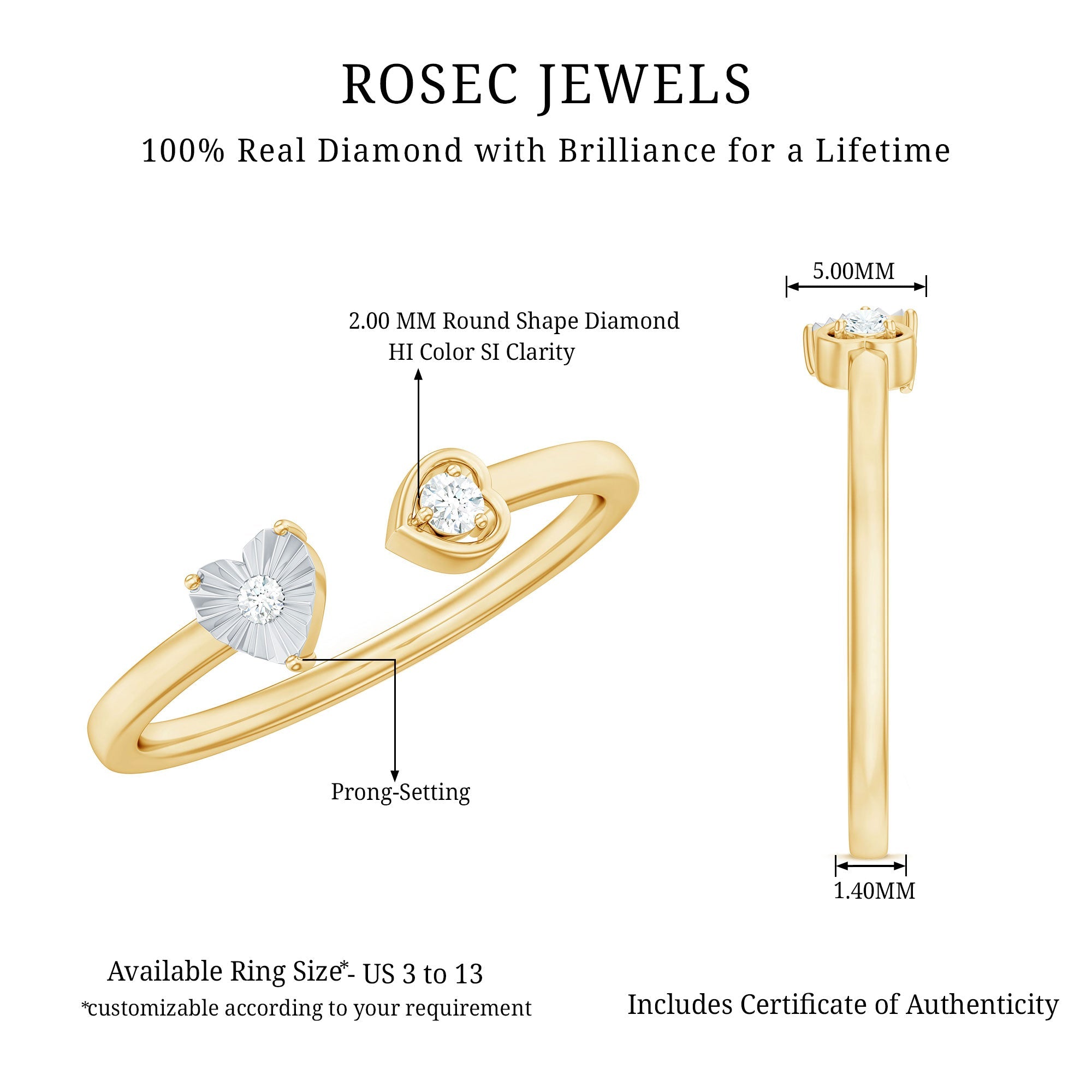 Certified Real Diamond Heart Promise Ring in Cuff Style