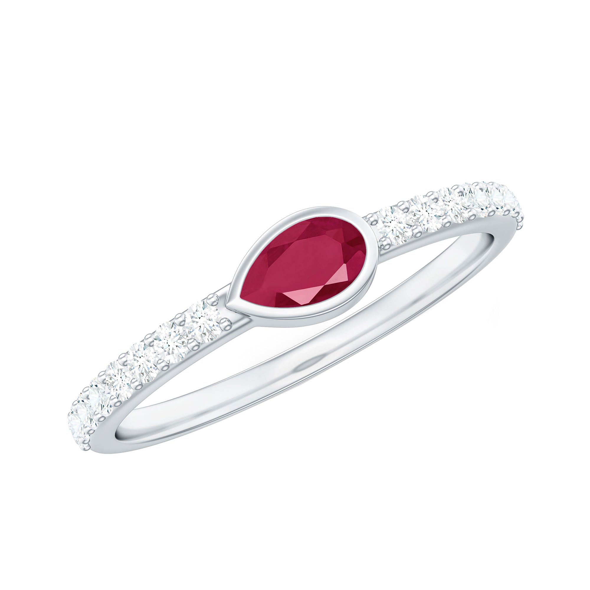 East West Style Pear Shape Ruby Promise Ring with Diamond