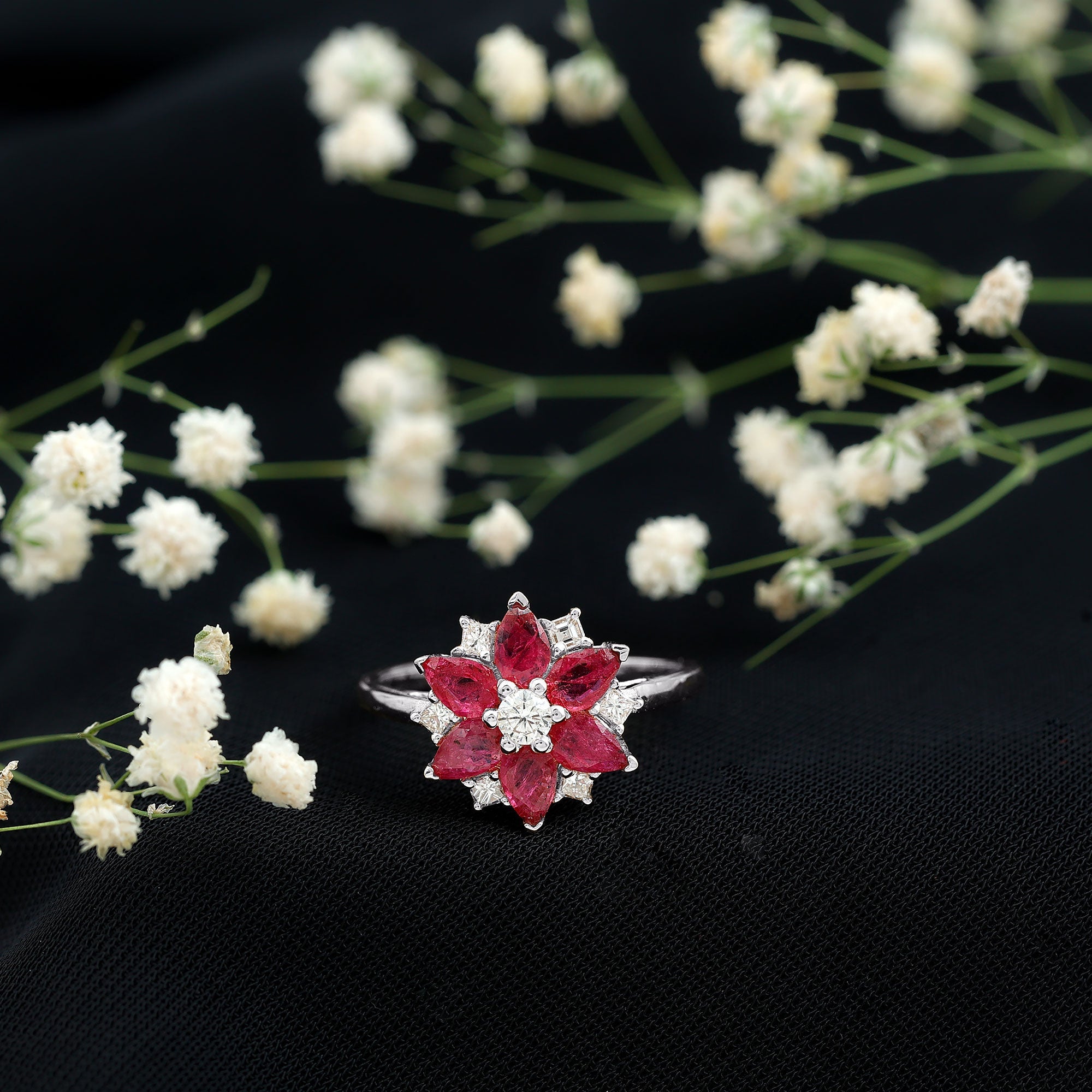 Natural Pear Shape Ruby Diamond Flower Engagement Ring for Women