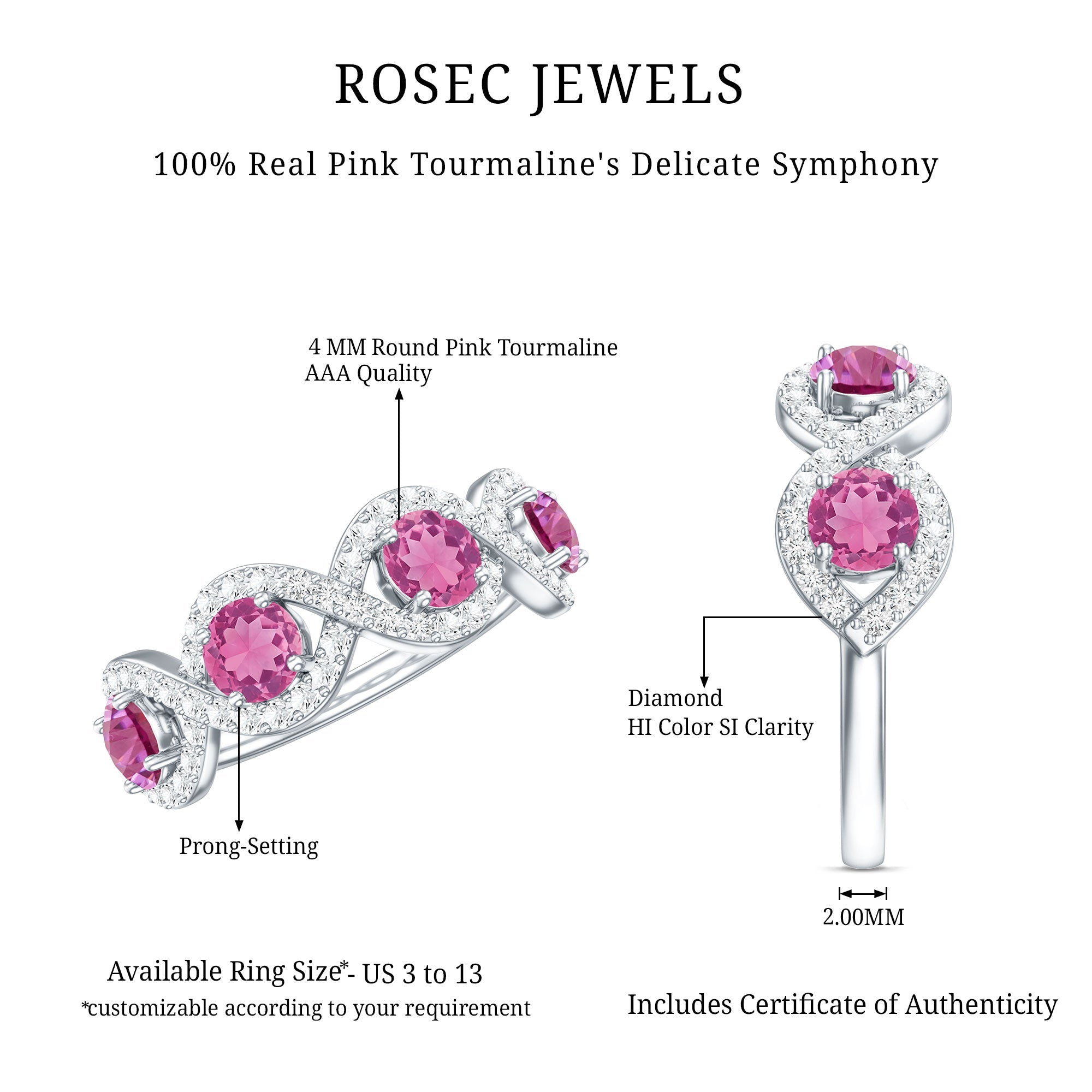 Pink Tourmaline Infinity Half Eternity Band Ring with Diamond