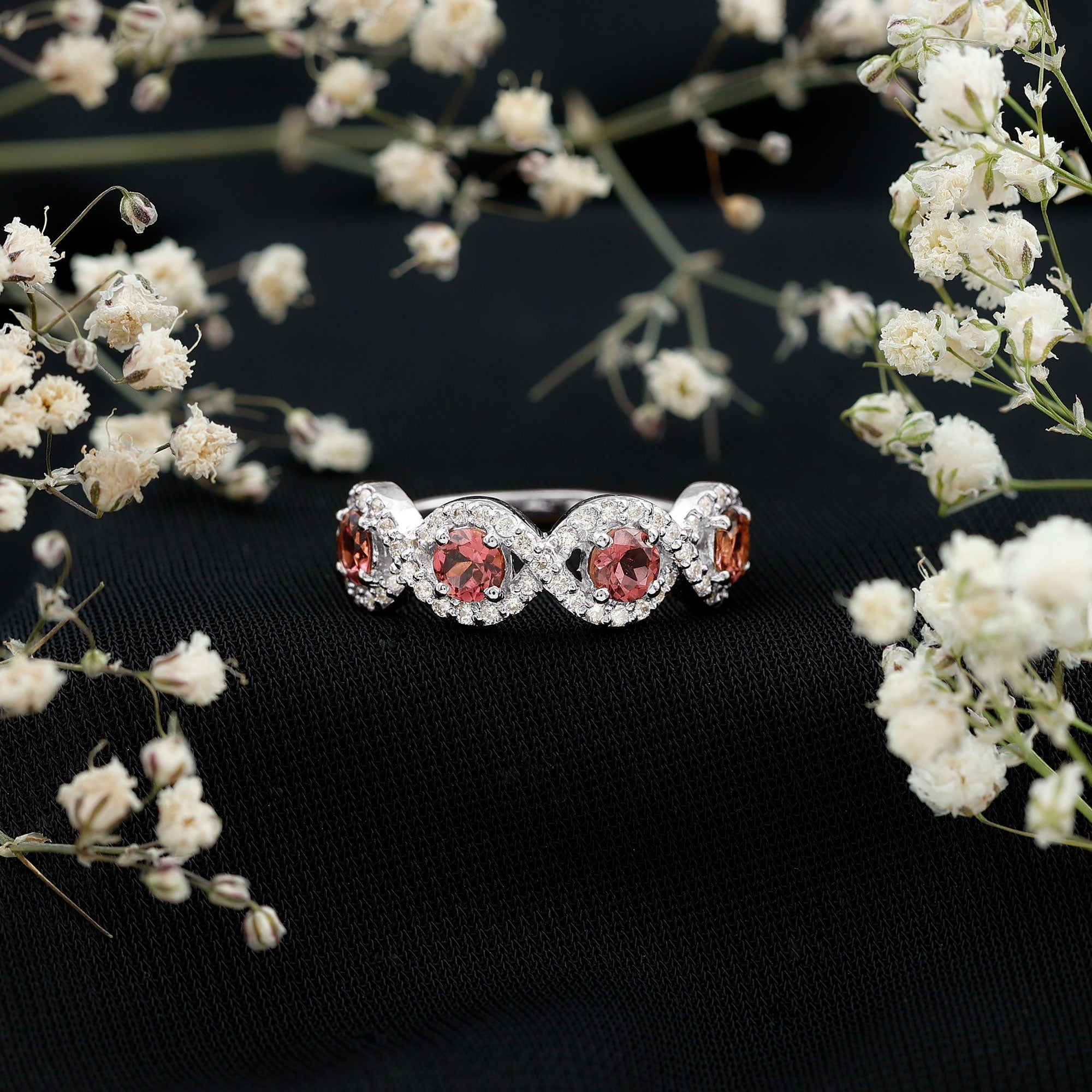 Pink Tourmaline Infinity Half Eternity Band Ring with Diamond
