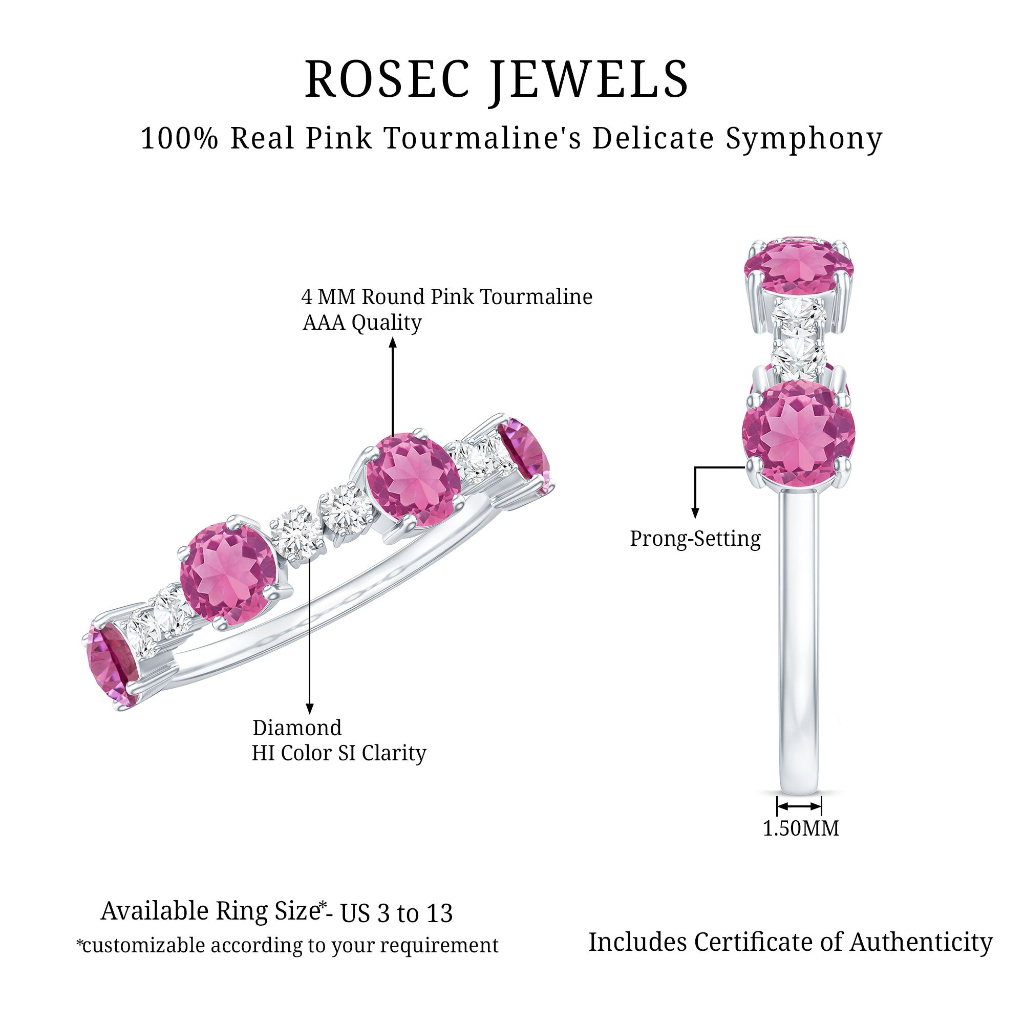 Alternate Semi Eternity Ring with Pink Tourmaline and Diamond