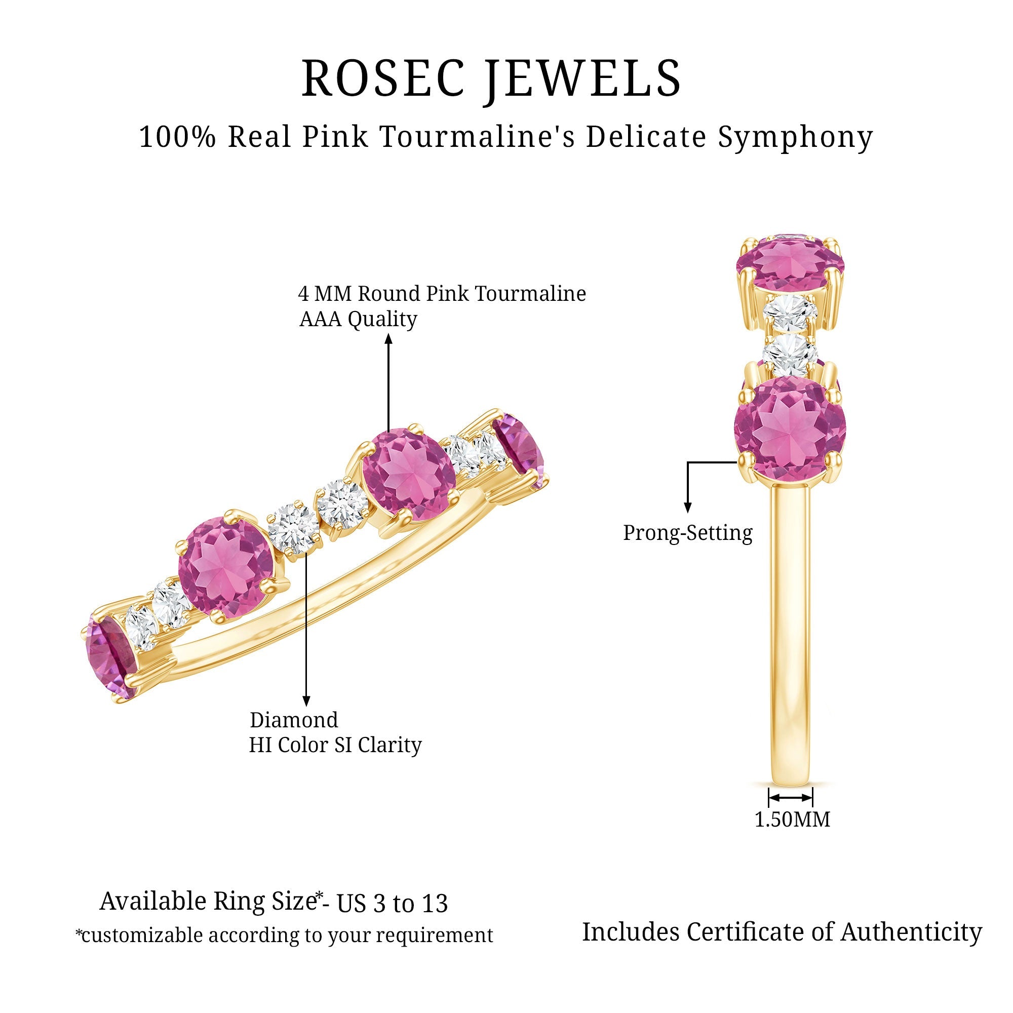 Alternate Semi Eternity Ring with Pink Tourmaline and Diamond
