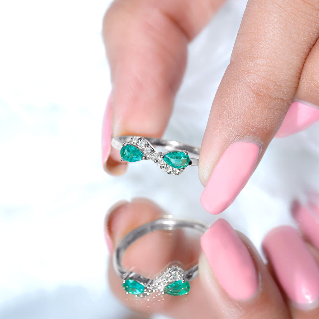 Natural Pear Emerald and Diamond Infinity Promise Ring