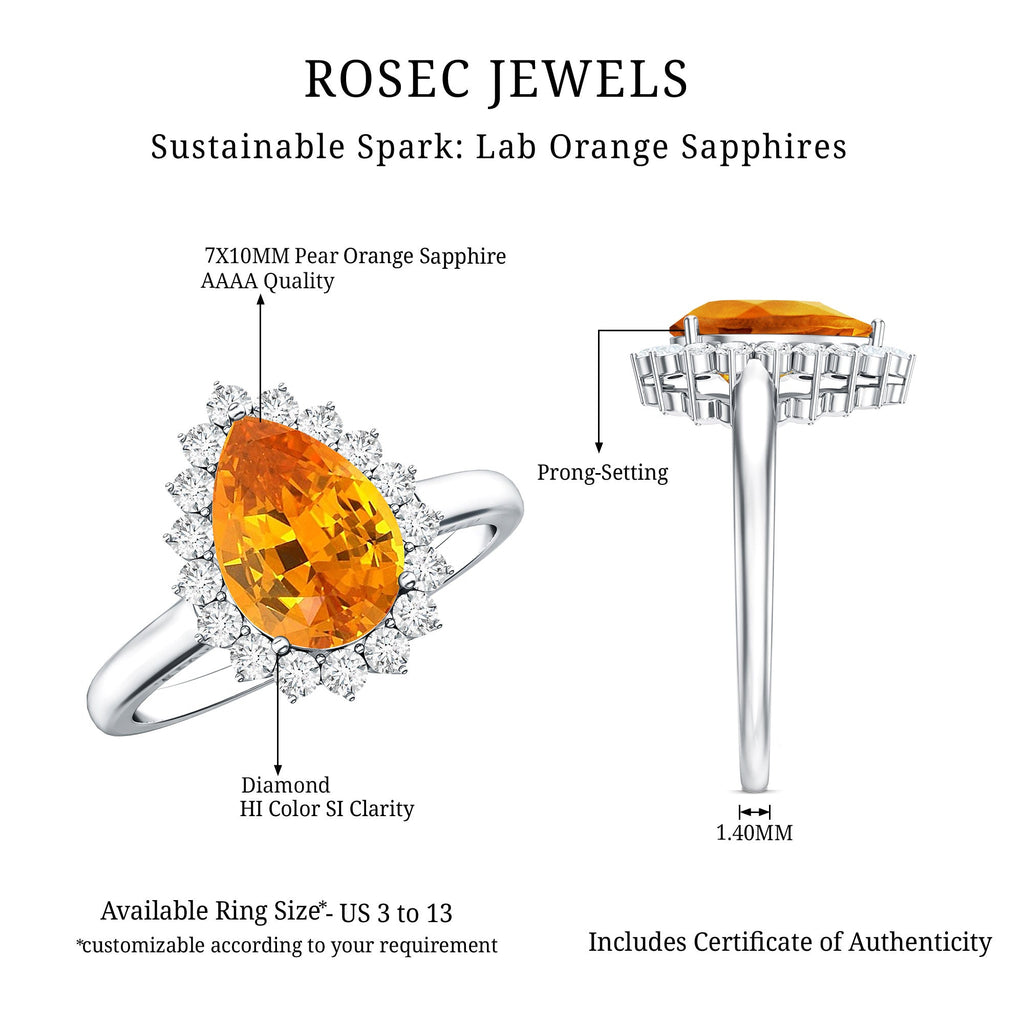 2.5 Carat Lab Grown Orange Sapphire Teardrop Engagement Ring with Diamond Halo