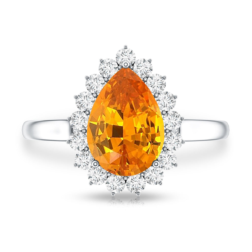 2.5 Carat Lab Grown Orange Sapphire Teardrop Engagement Ring with Diamond Halo