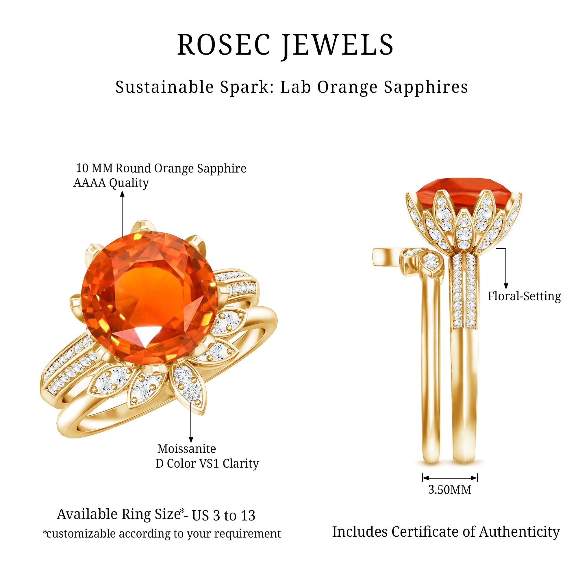 Nature Inspired 4.5 Carat Lab Grown Orange Sapphire Engagement Ring with Enhancer