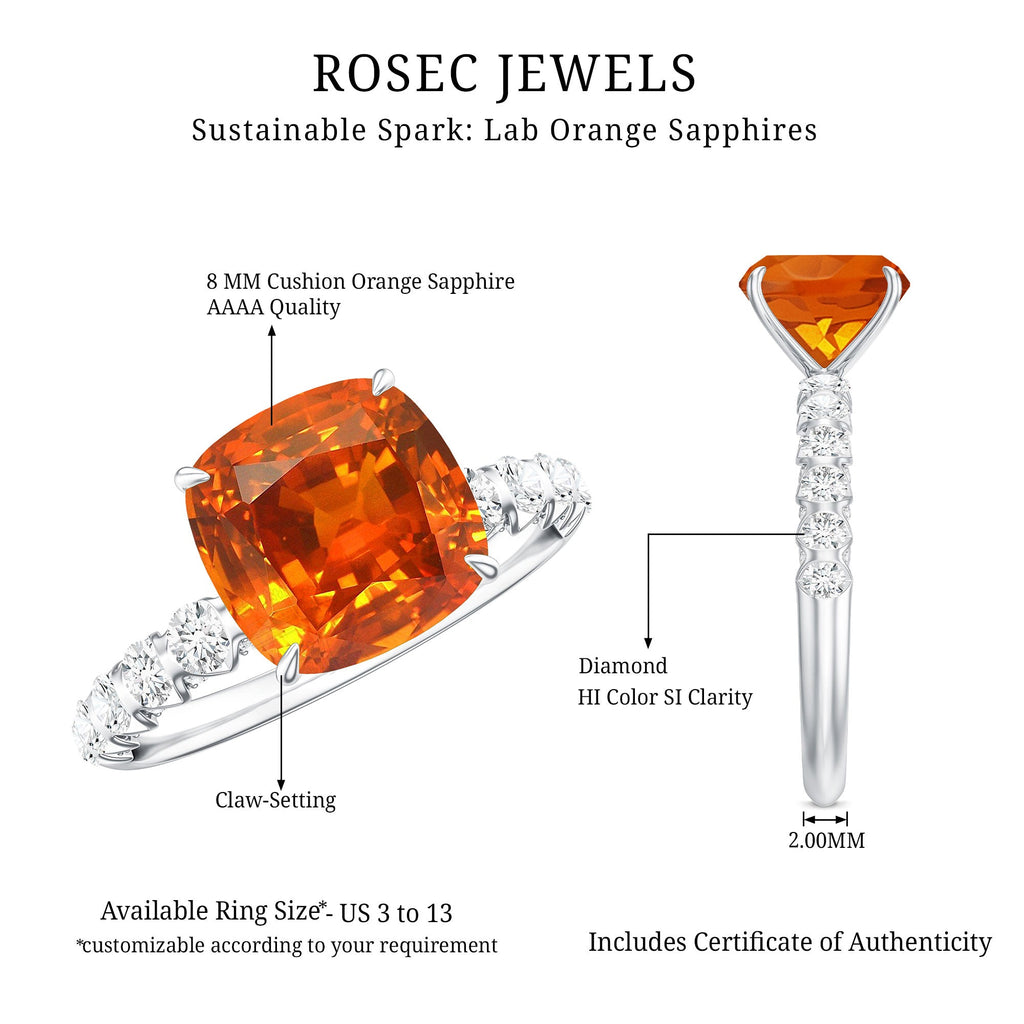 2.75 Carat Lab Grown Orange Sapphire Cushion Cut Engagement Ring with Diamond