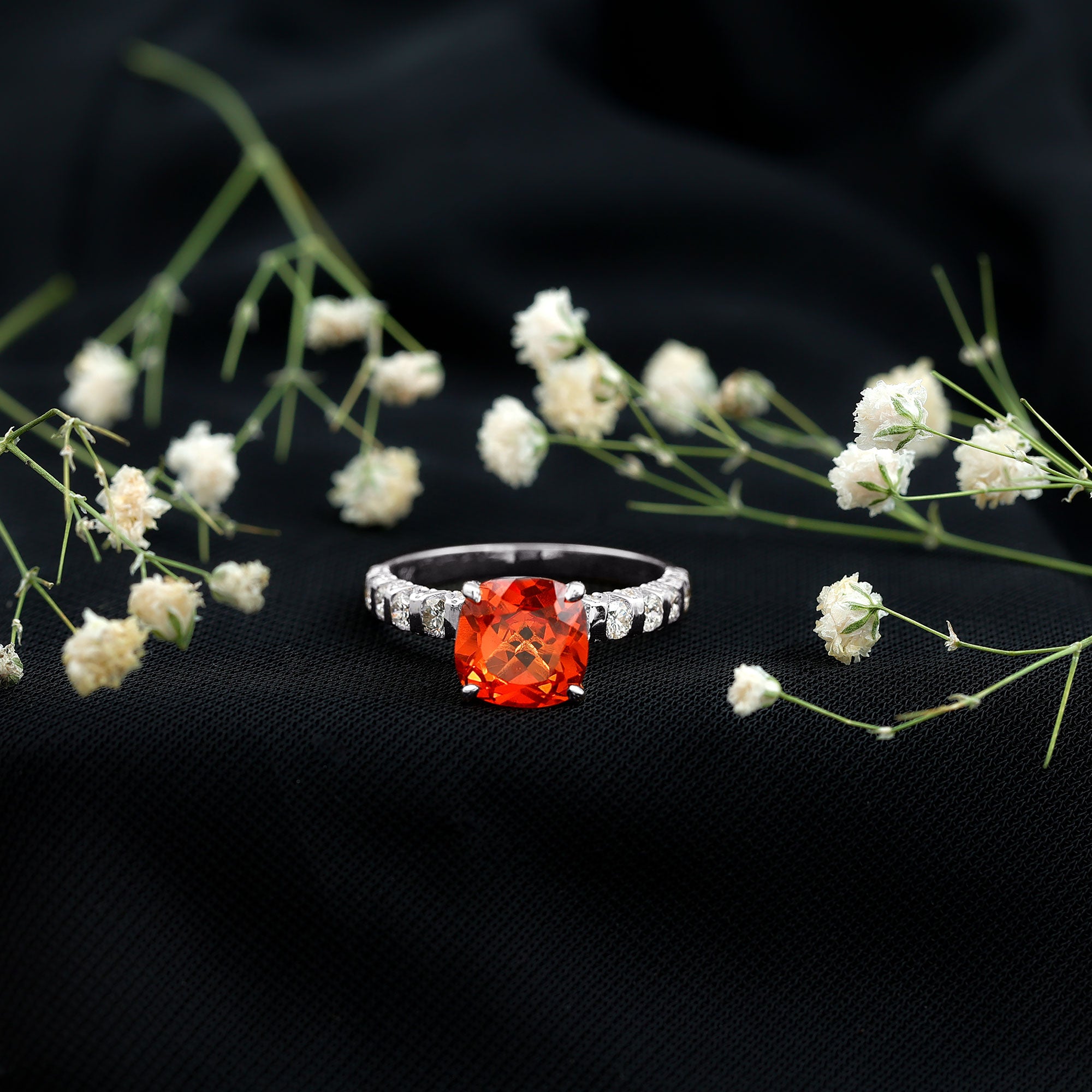 2.75 Carat Lab Grown Orange Sapphire Cushion Cut Engagement Ring with Diamond