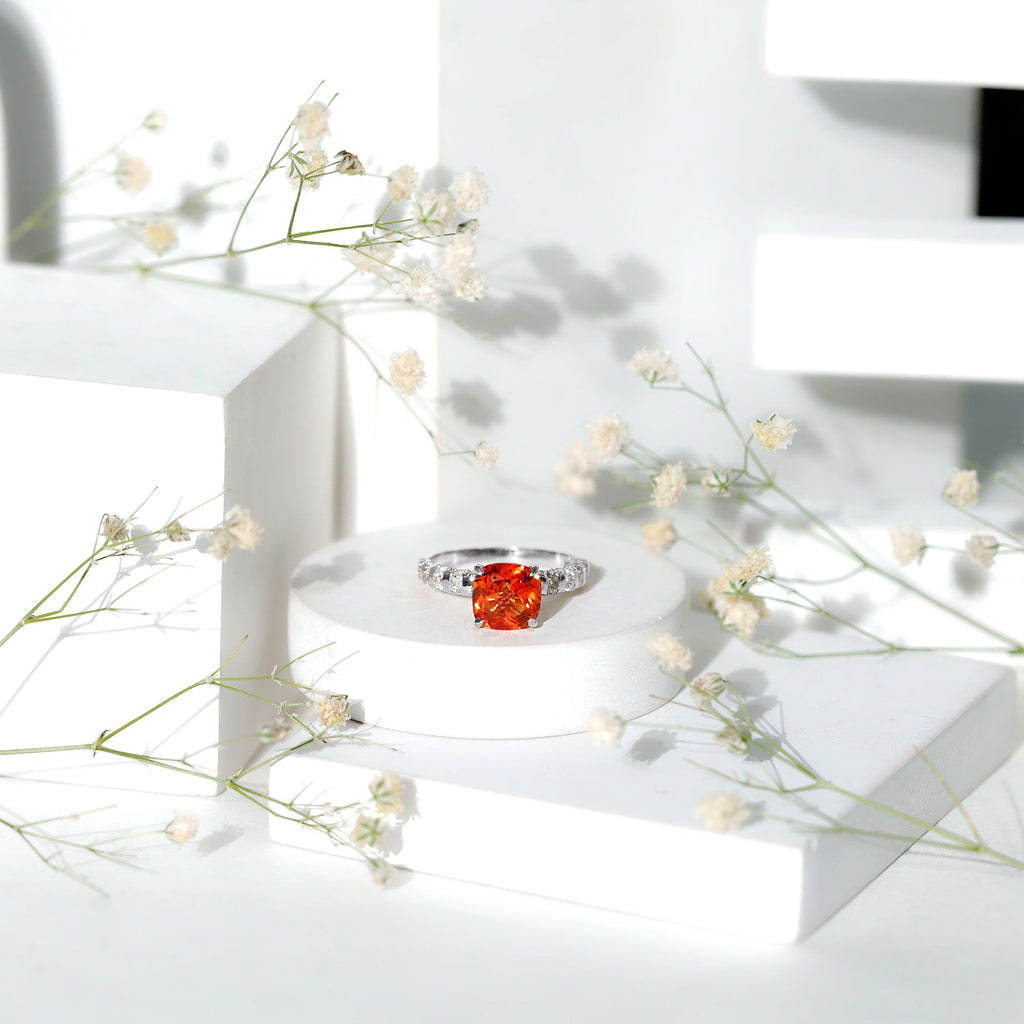 2.75 Carat Lab Grown Orange Sapphire Cushion Cut Engagement Ring with Diamond