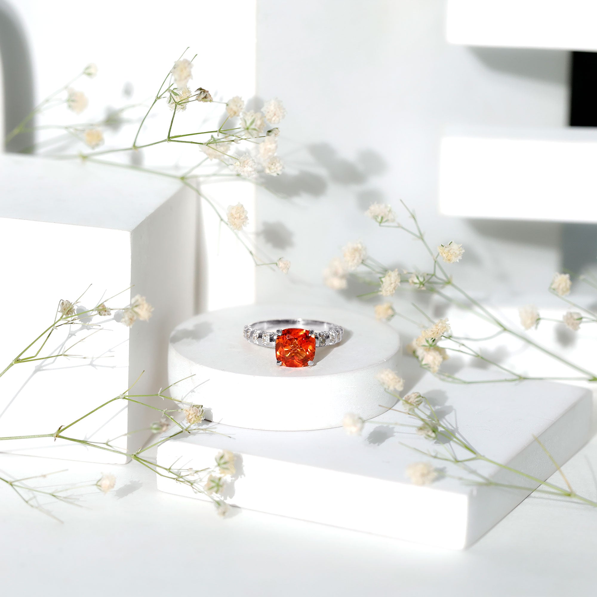 2.75 Carat Lab Grown Orange Sapphire Cushion Cut Engagement Ring with Diamond