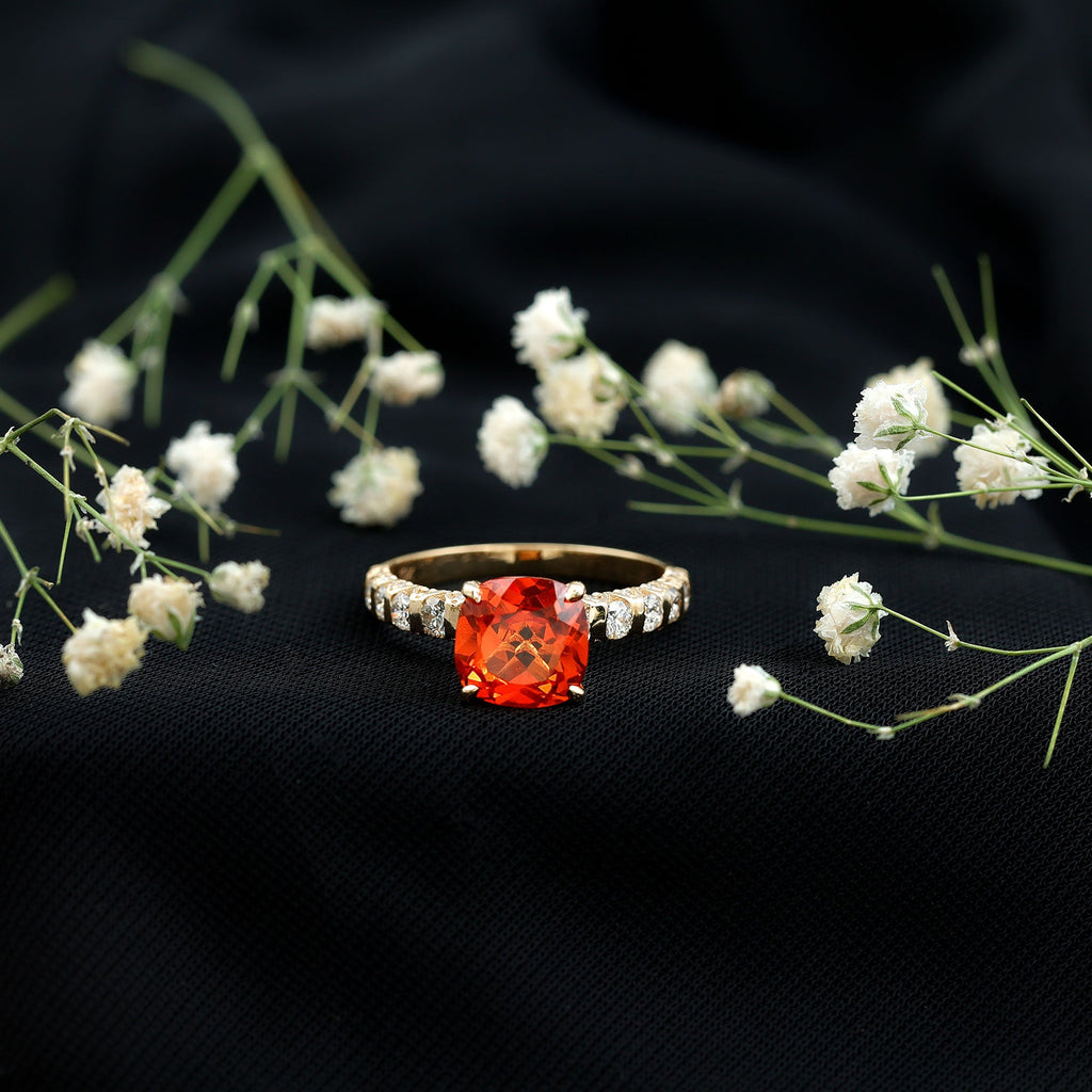 2.75 Carat Lab Grown Orange Sapphire Cushion Cut Engagement Ring with Diamond
