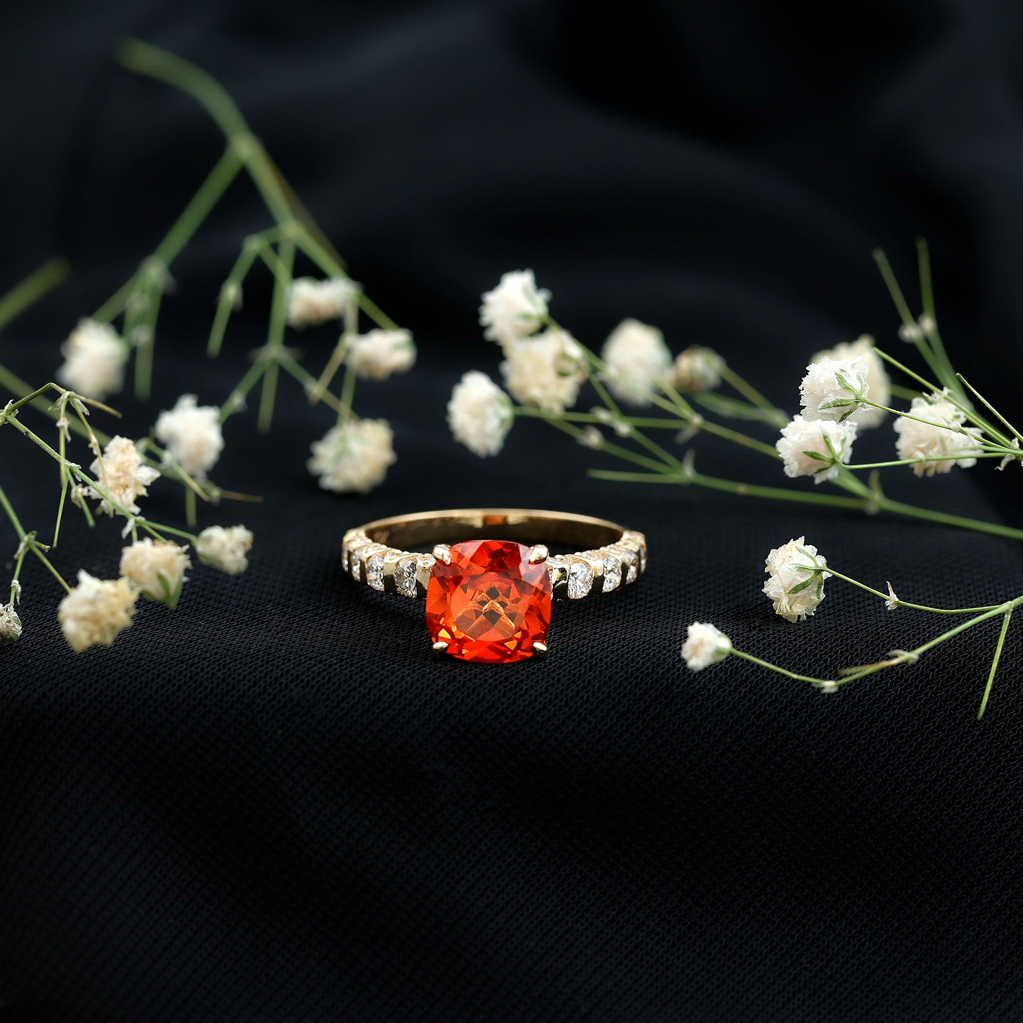 2.75 Carat Lab Grown Orange Sapphire Cushion Cut Engagement Ring with Diamond