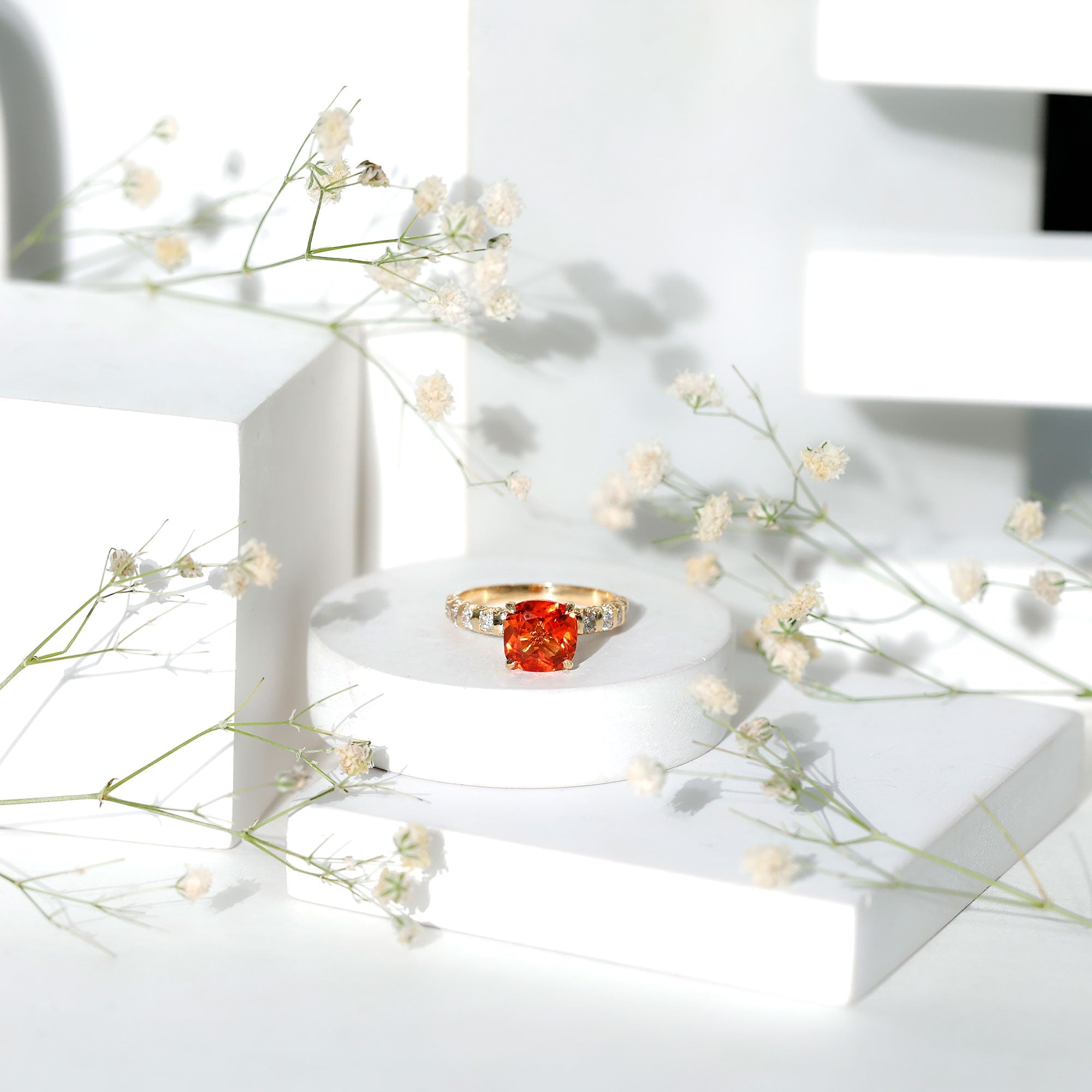 2.75 Carat Lab Grown Orange Sapphire Cushion Cut Engagement Ring with Diamond