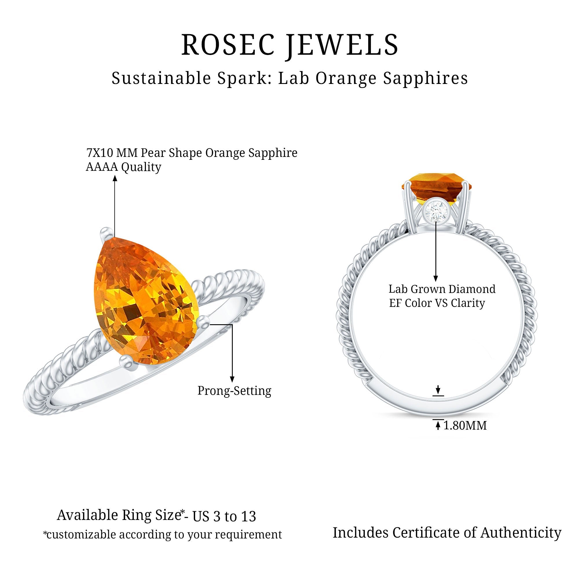 2.5 Carat Lab Grown Orange Sapphire Pear Shaped Engagement Ring with Twisted Rope