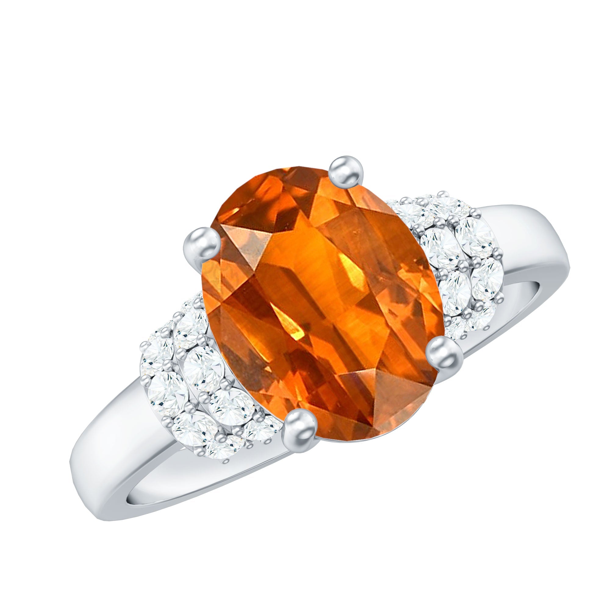 4 Carat Oval Lab Grown Orange Sapphire Engagement Ring with Diamond Side Stones