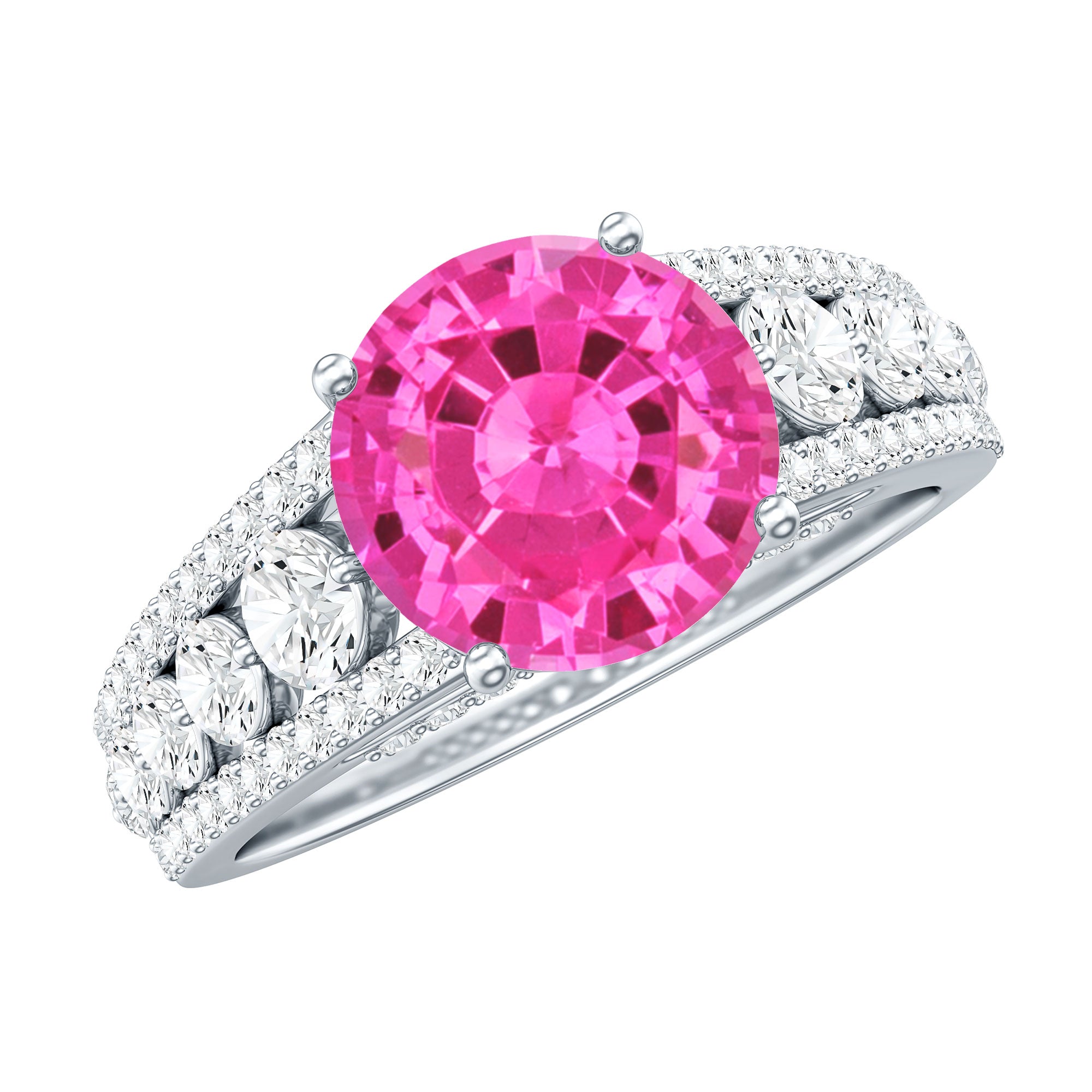 Created Pink Sapphire Engagement Ring with Moissanite Side Stones