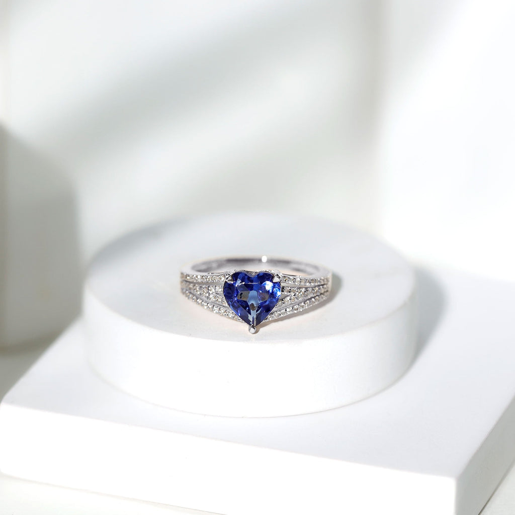 Certified 2 Carat Lab Grown Blue Sapphire Heart Engagement Ring with Diamond Split Shank