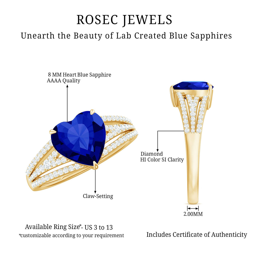 Certified 2 Carat Lab Grown Blue Sapphire Heart Engagement Ring with Diamond Split Shank