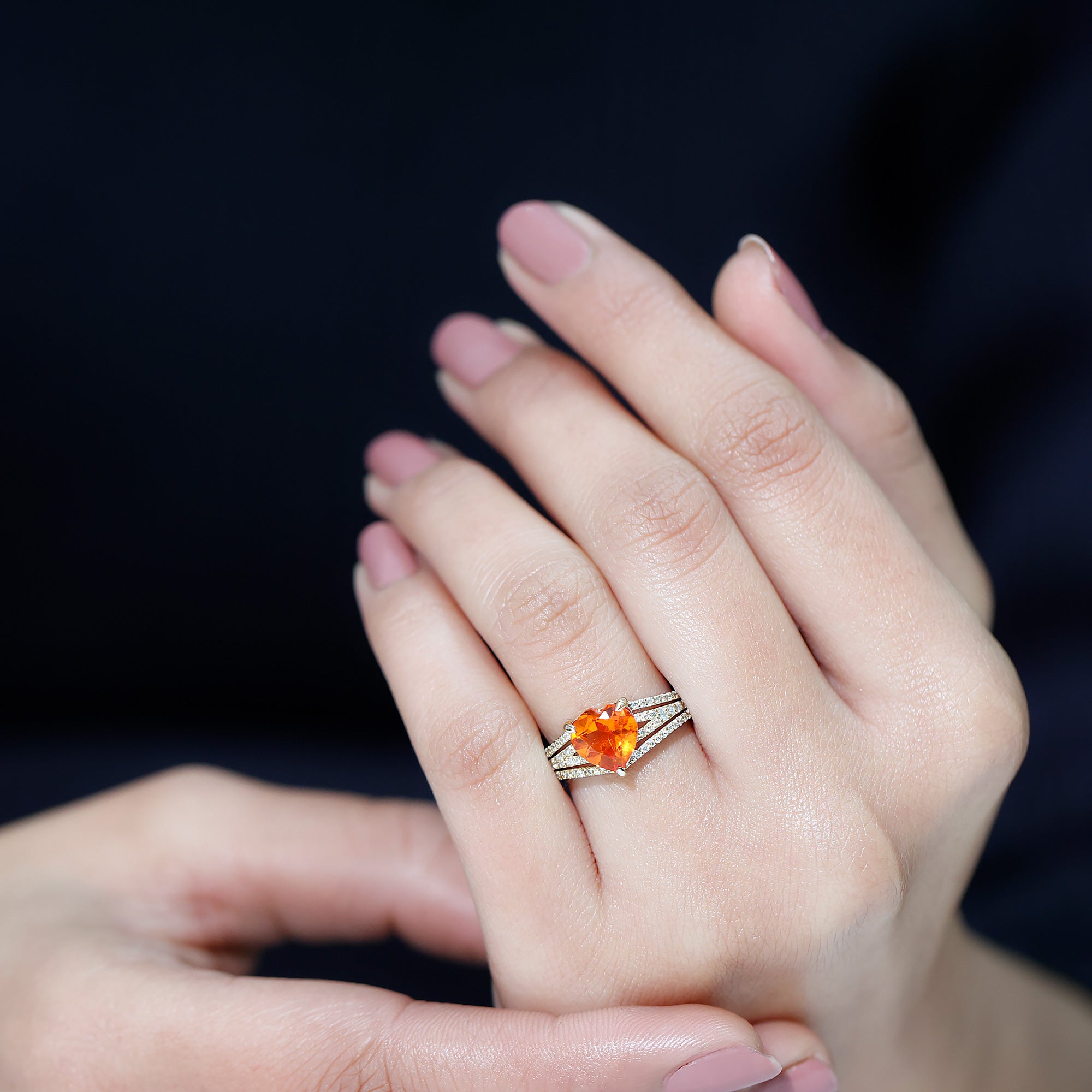 2 Carat Lab Grown Orange Sapphire Heart Engagement Ring with Diamond Split Shank