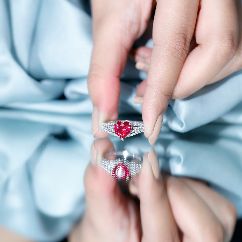 Heart Shape Created Ruby Engagement Ring with Diamond