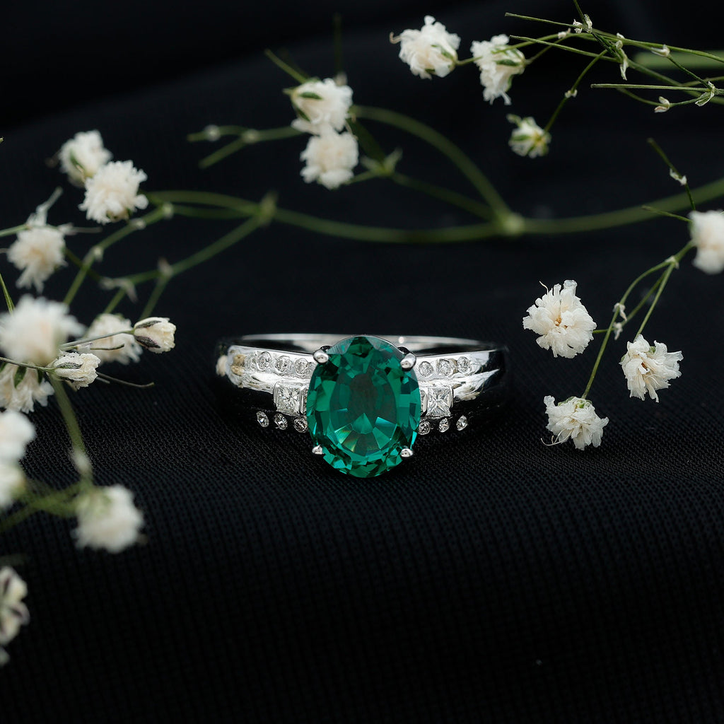 3 Carat Lab Grown Emerald Oval Engagement Ring with Diamond