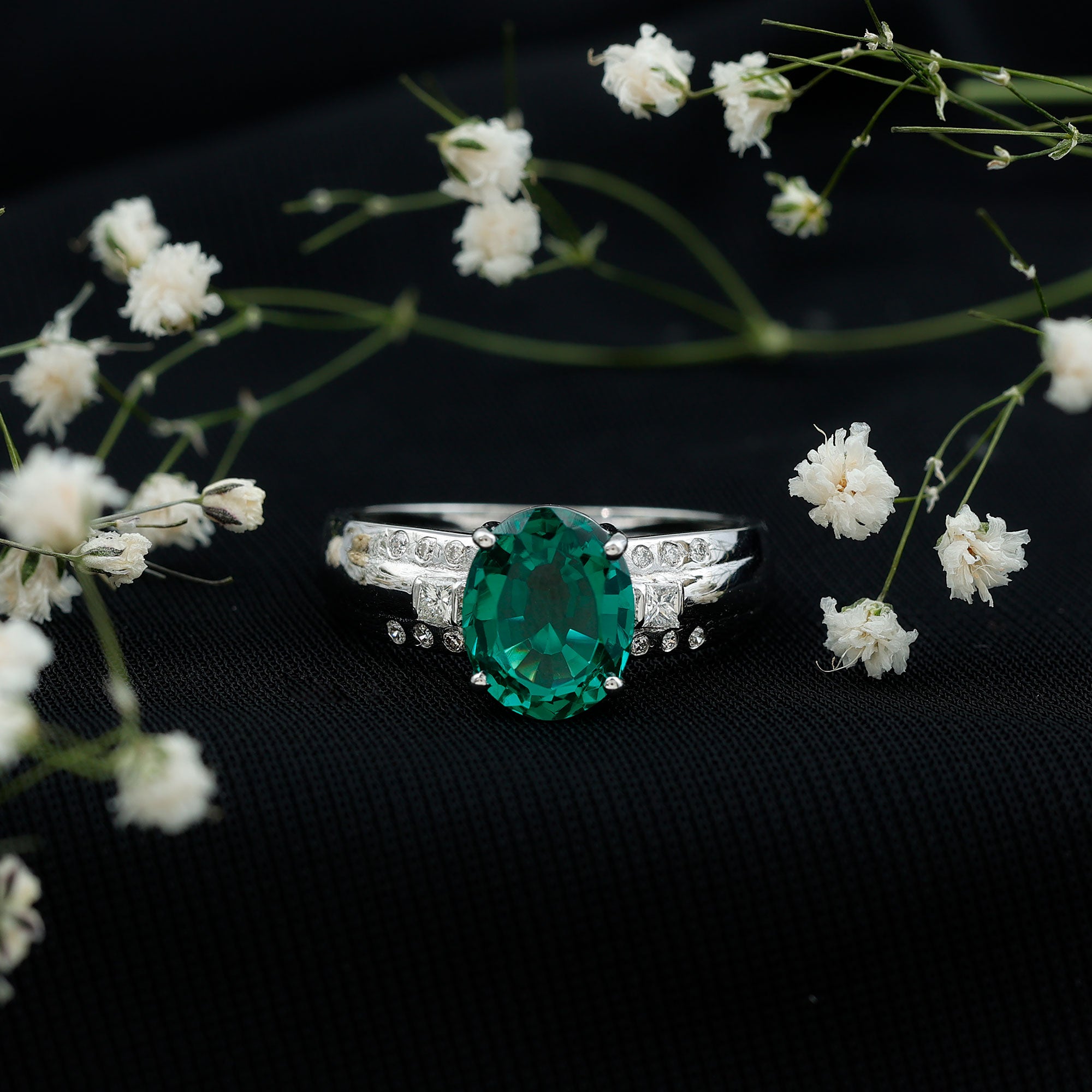 3 Carat Lab Grown Emerald Oval Engagement Ring with Diamond