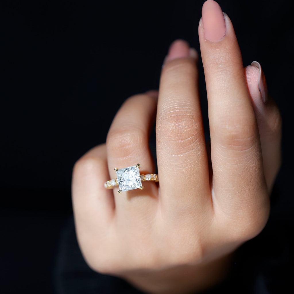 Certified Princess Cut Moissanite Engagement Ring with Side Stones