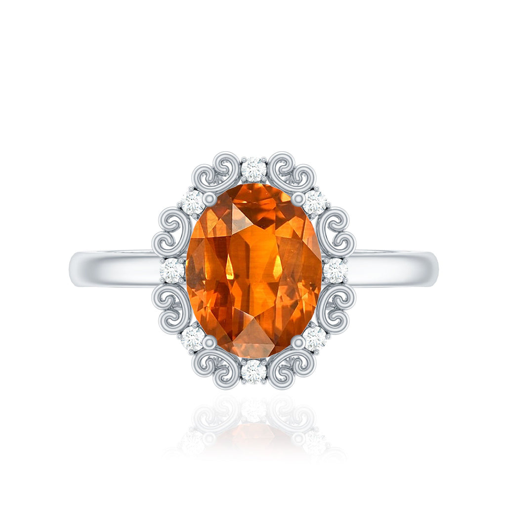 4 Carat Lab Grown Orange Sapphire Vintage Engagement Ring with Diamond