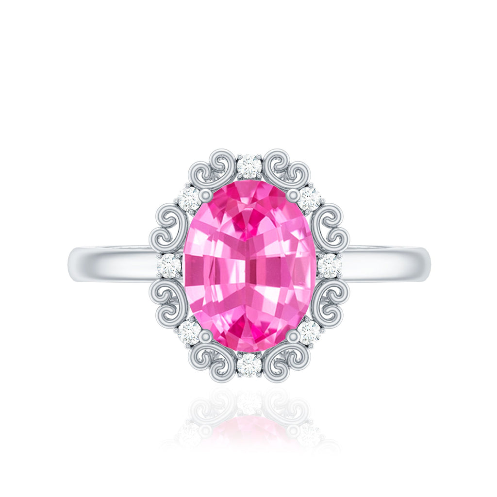 Vintage Style Lab Grown Pink Sapphire Oval Engagement Ring