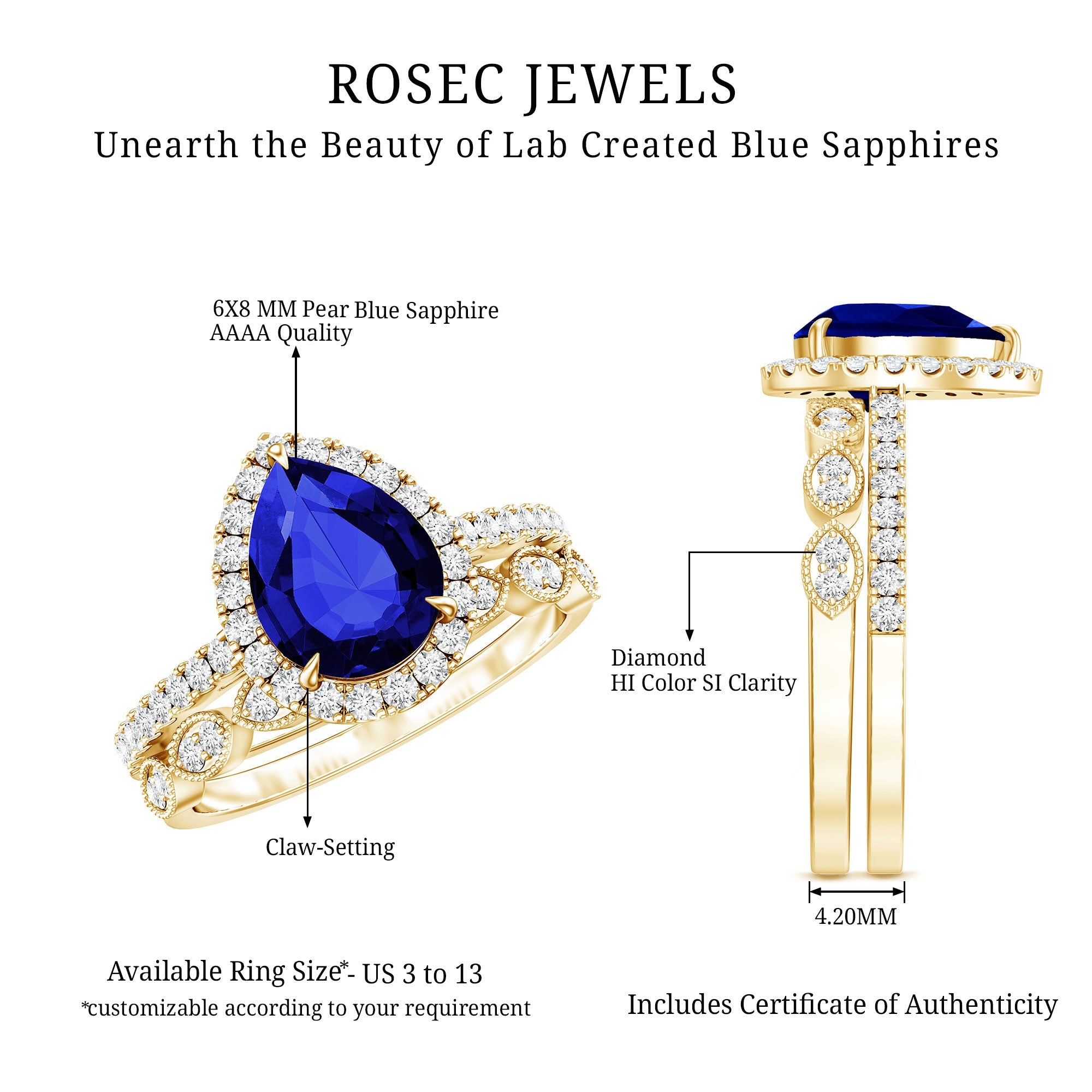 Certified 1.6 Carat Lab Grown Blue Sapphire Pear Shaped Engagement Ring Set with Diamond