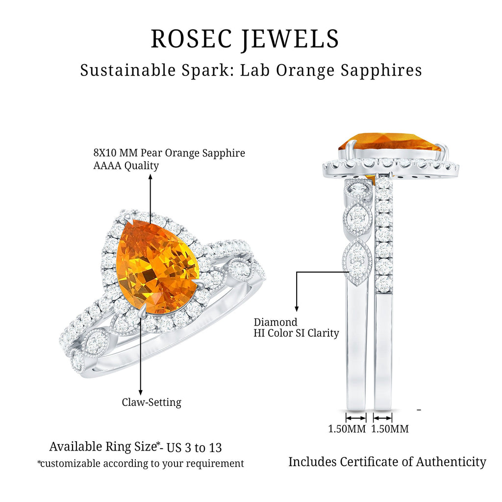 3.3 Carat Pear Shaped Lab Grown Orange Sapphire Wedding Ring Set with Diamond
