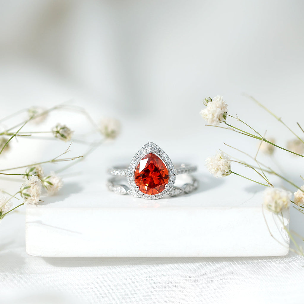 3.3 Carat Pear Shaped Lab Grown Orange Sapphire Wedding Ring Set with Diamond
