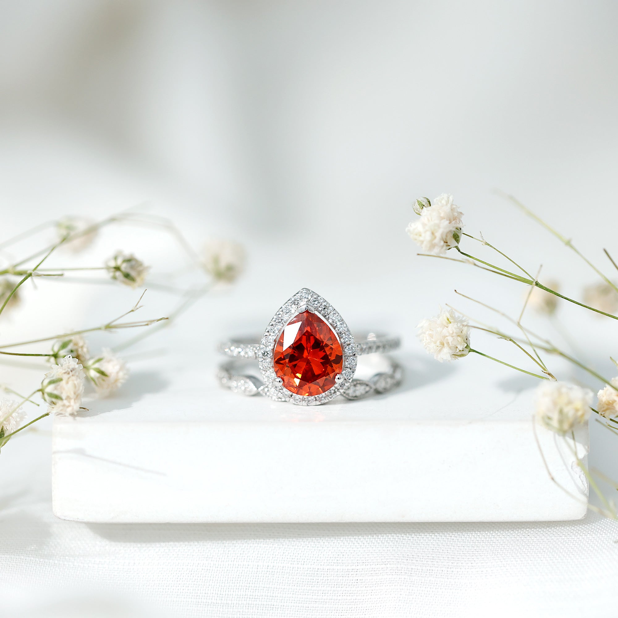 3.3 Carat Pear Shaped Lab Grown Orange Sapphire Wedding Ring Set with Diamond