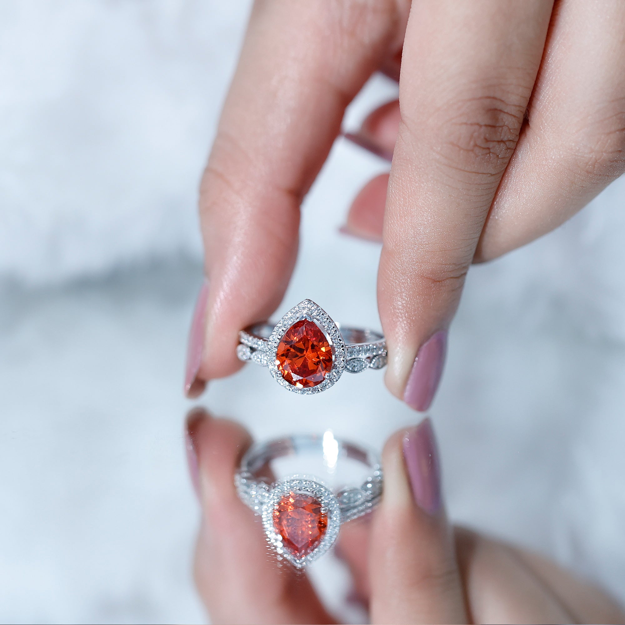 3.3 Carat Pear Shaped Lab Grown Orange Sapphire Wedding Ring Set with Diamond
